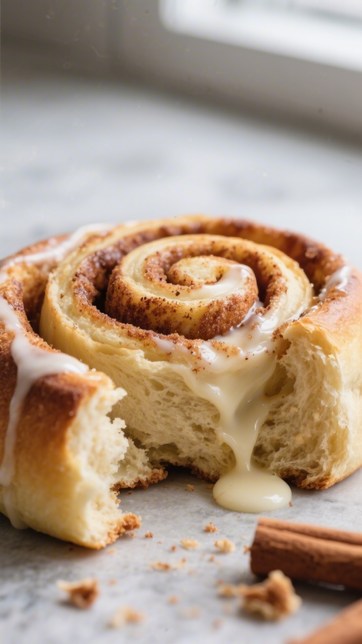 Close-up detail: A freshly baked vegan cinnamon roll torn open to reveal gooey cinnamon-sugar spiral