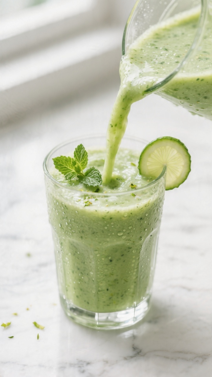 Close-up detail: A freshly blended Cucumber Mint Detox Smoothie being poured into a chilled clear gl