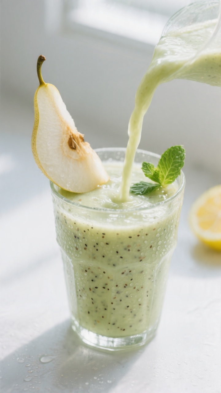 Close-up detail: A freshly blended Ginger Pear Detox Smoothie being poured in a slow stream into a c