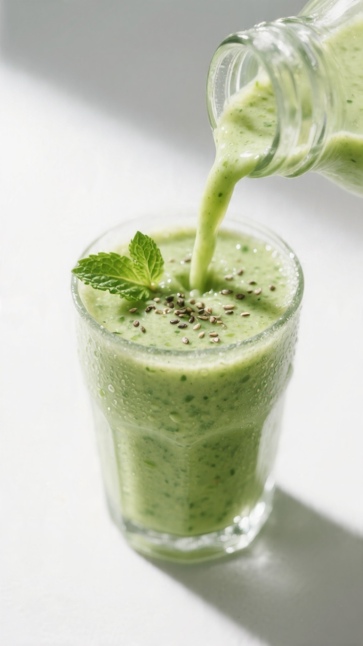 Close-up detail: A freshly blended Green Ginger Apple Smoothie being poured into a chilled clear gla