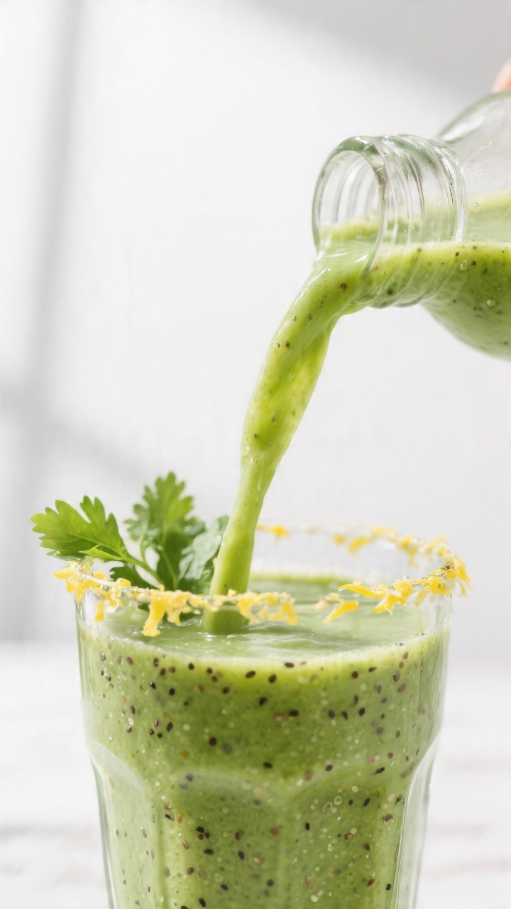 Close-up detail: A freshly blended Heavy Metal Detox Smoothie being poured in a silky ribbon into a 