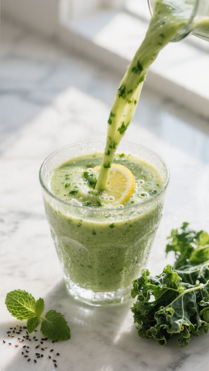 Close-up detail: A freshly blended Kale Avocado Detox Smoothie being poured into a frost-chilled cle