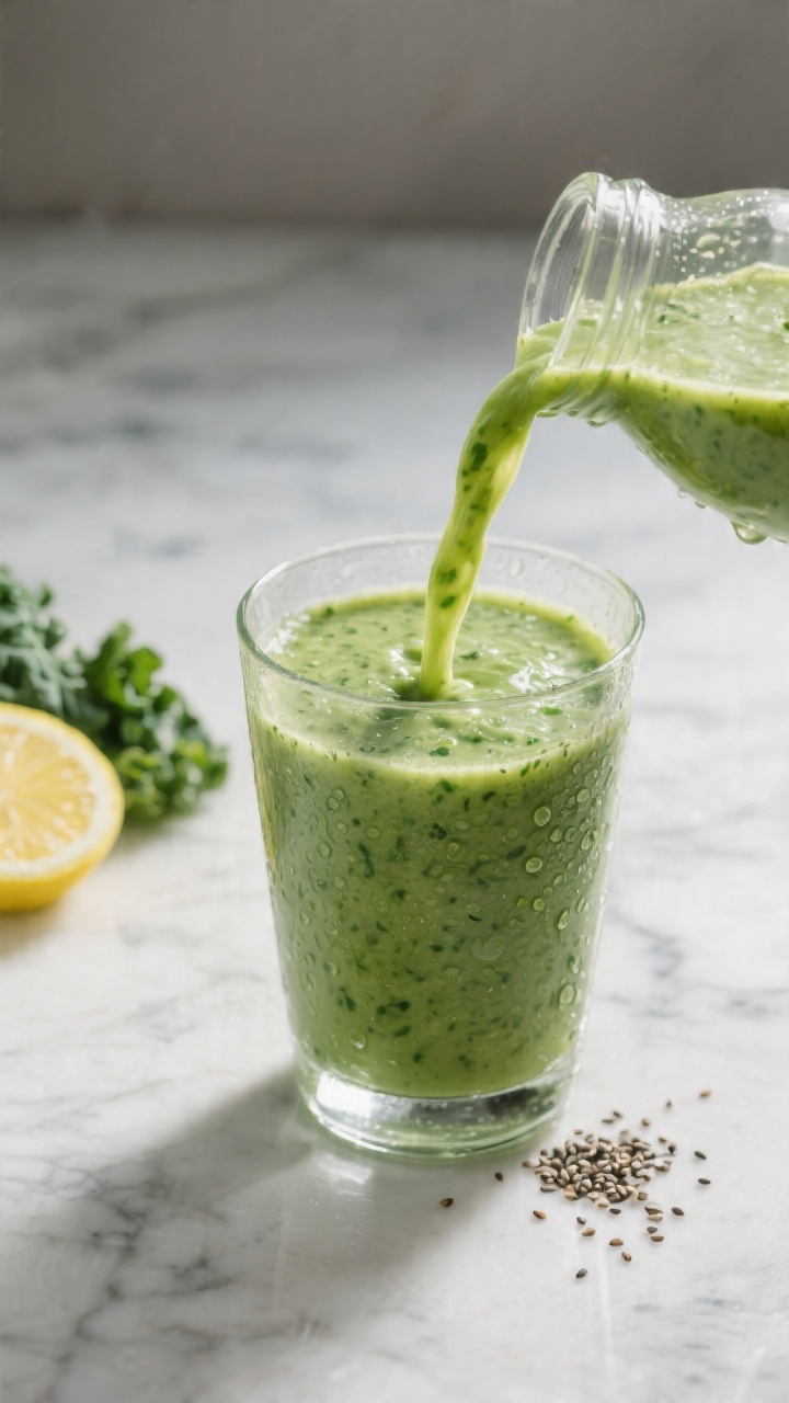 Close-up detail: A freshly blended kale smoothie being poured in a silky ribbon into a chilled clear