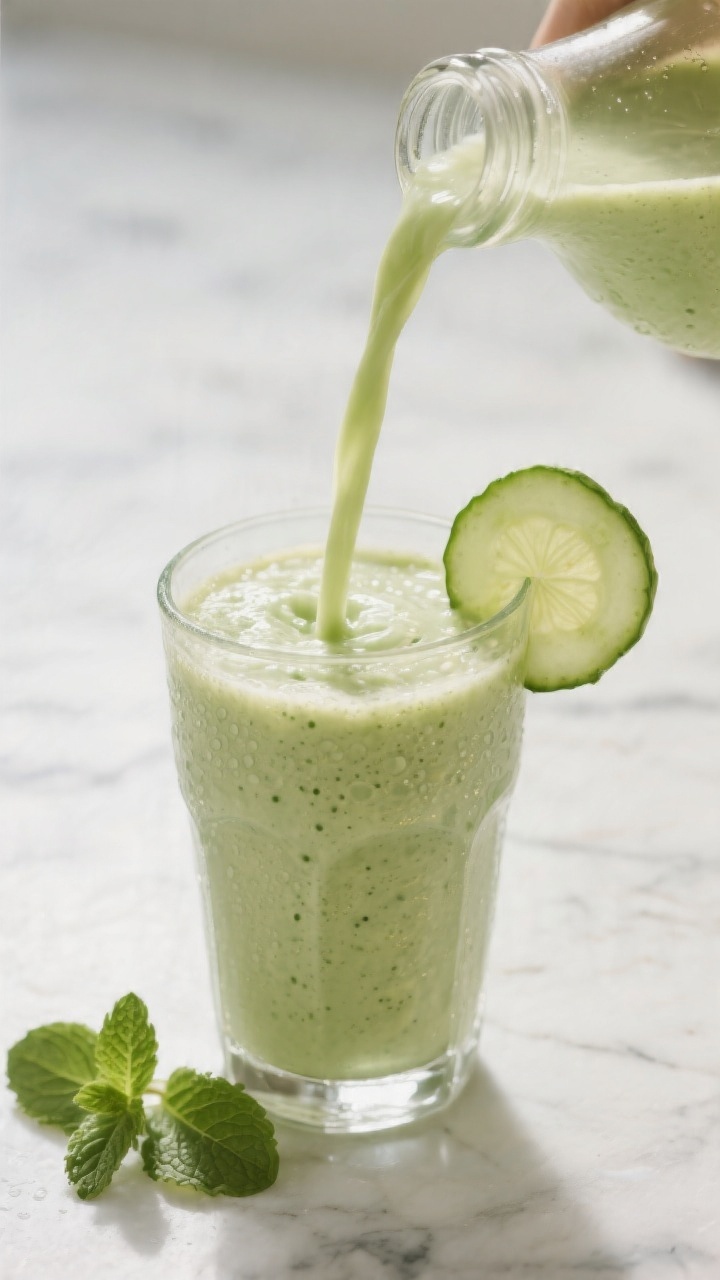 Close-up detail: A freshly blended Keto Electrolyte Smoothie being poured in a silky stream into a c