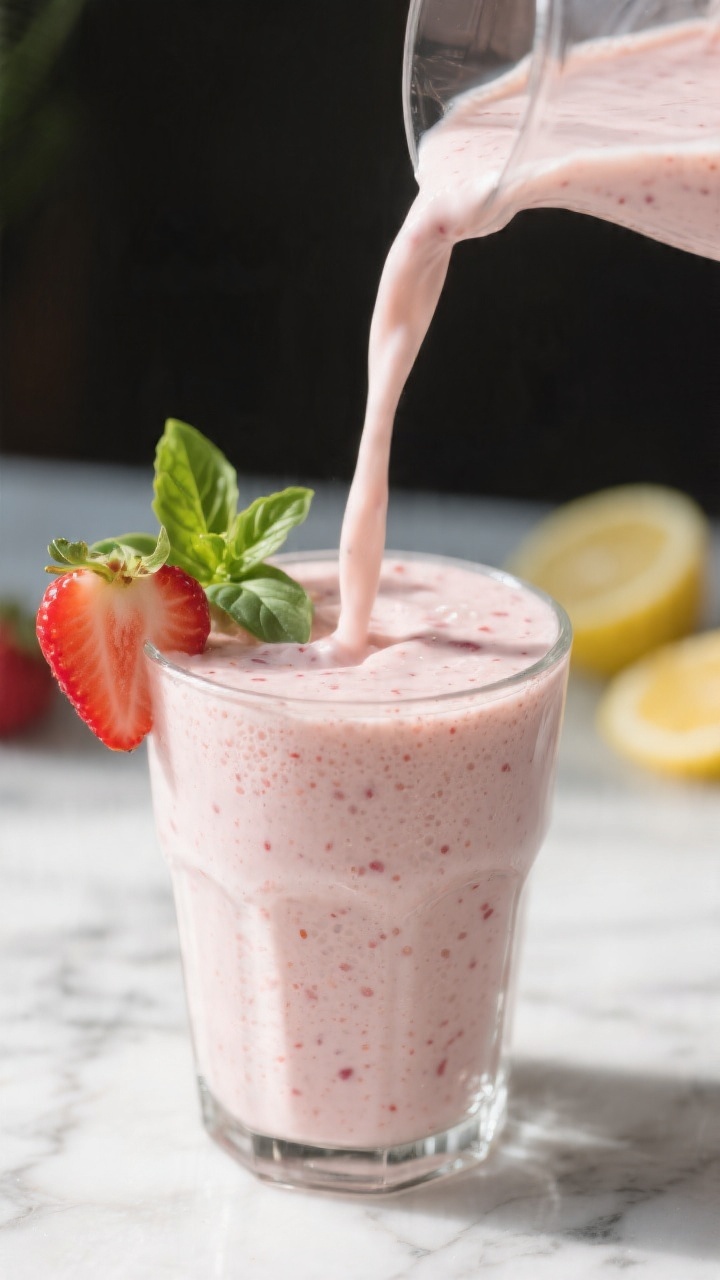 Close-up detail: A freshly blended Keto Strawberry Basil Smoothie being poured in a silky ribbon int