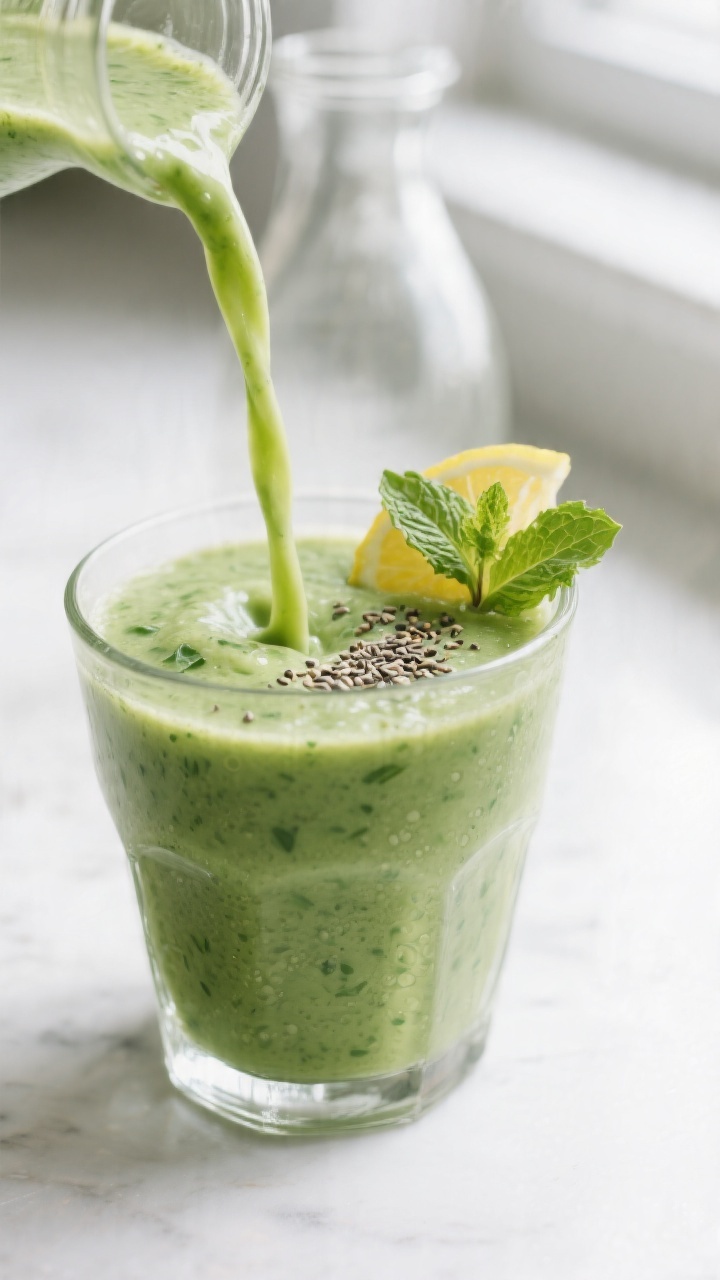 Close-up detail: A freshly blended Morning Green Glow Detox Smoothie being poured in a silky ribbon 