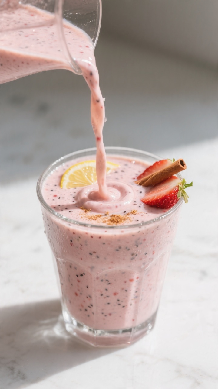 Close-up detail: A freshly blended strawberry banana smoothie being poured in a silky ribbon into a 