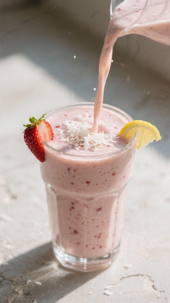 Close-up detail: A freshly blended Strawberry Coconut Keto Smoothie being poured in a silky ribbon i