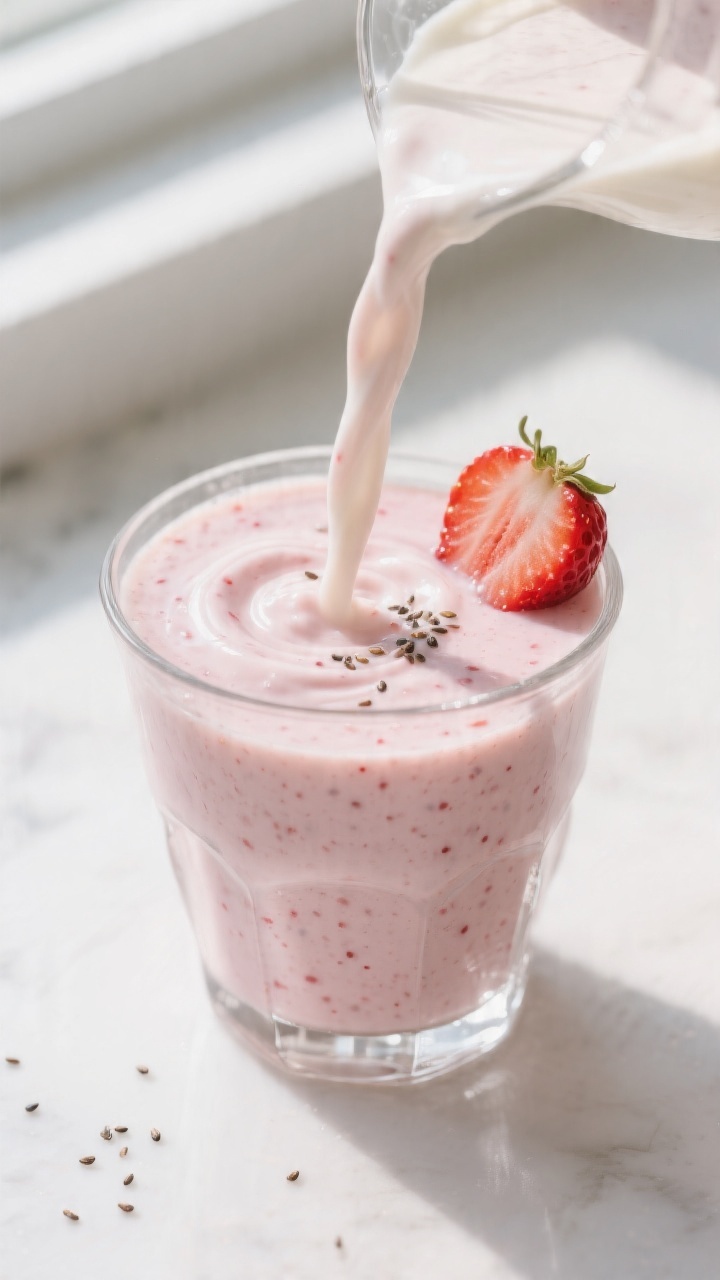 Close-up detail: A freshly blended strawberry yogurt smoothie being poured in a silky ribbon into a 