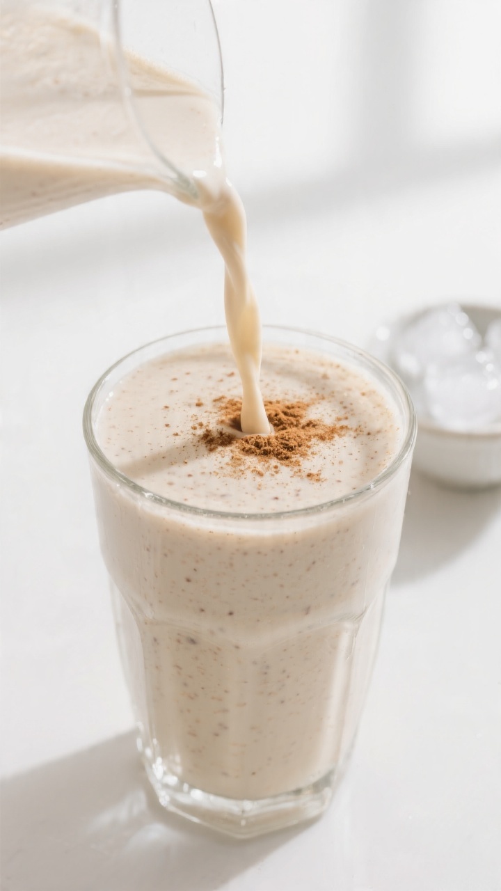 Close-up detail: A freshly blended Vanilla Cinnamon Keto Smoothie being poured in a silky ribbon int