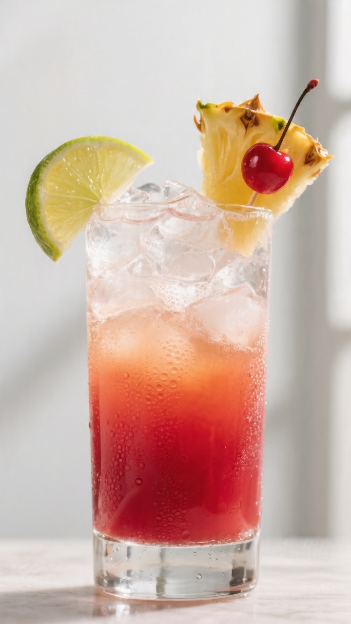 Close-up detail: A freshly built Malibu Bay Breeze in a highball glass packed with crystal-clear ice