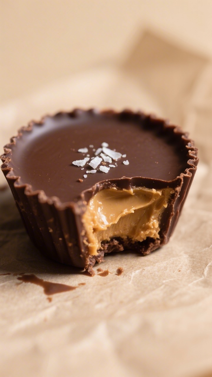 Close-up detail: A freshly cut vegan peanut butter cup with clean, glossy chocolate edges and a perf