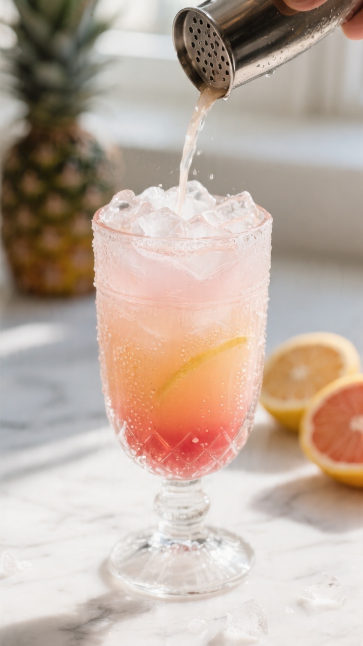 Close-up detail: A freshly shaken Bahama Mama being strained over crushed ice into a frosty hurrican