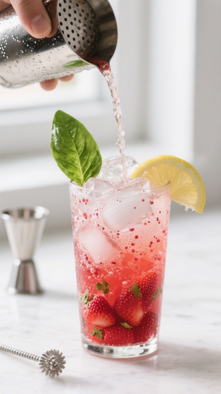 Close-up detail: A freshly strained Berry-Basil Fizz mocktail being poured over clear ice into a chi