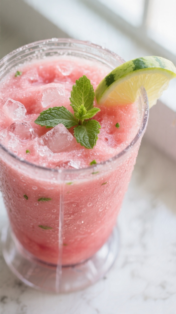 Close-up detail: A frosty watermelon smoothie mid-blend in a clear blender jar, slushy pink texture 
