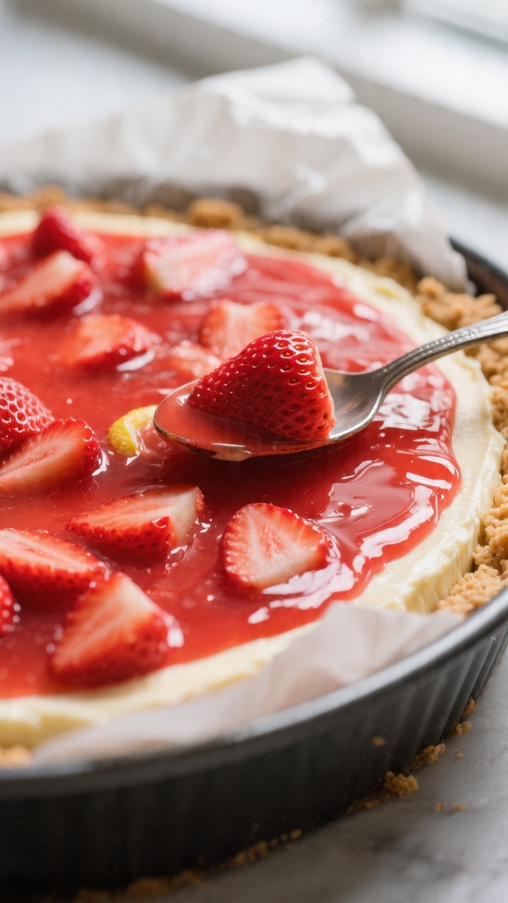 Close-up detail: A glossy layer of cooled strawberry topping spread over the creamy no-bake cheeseca