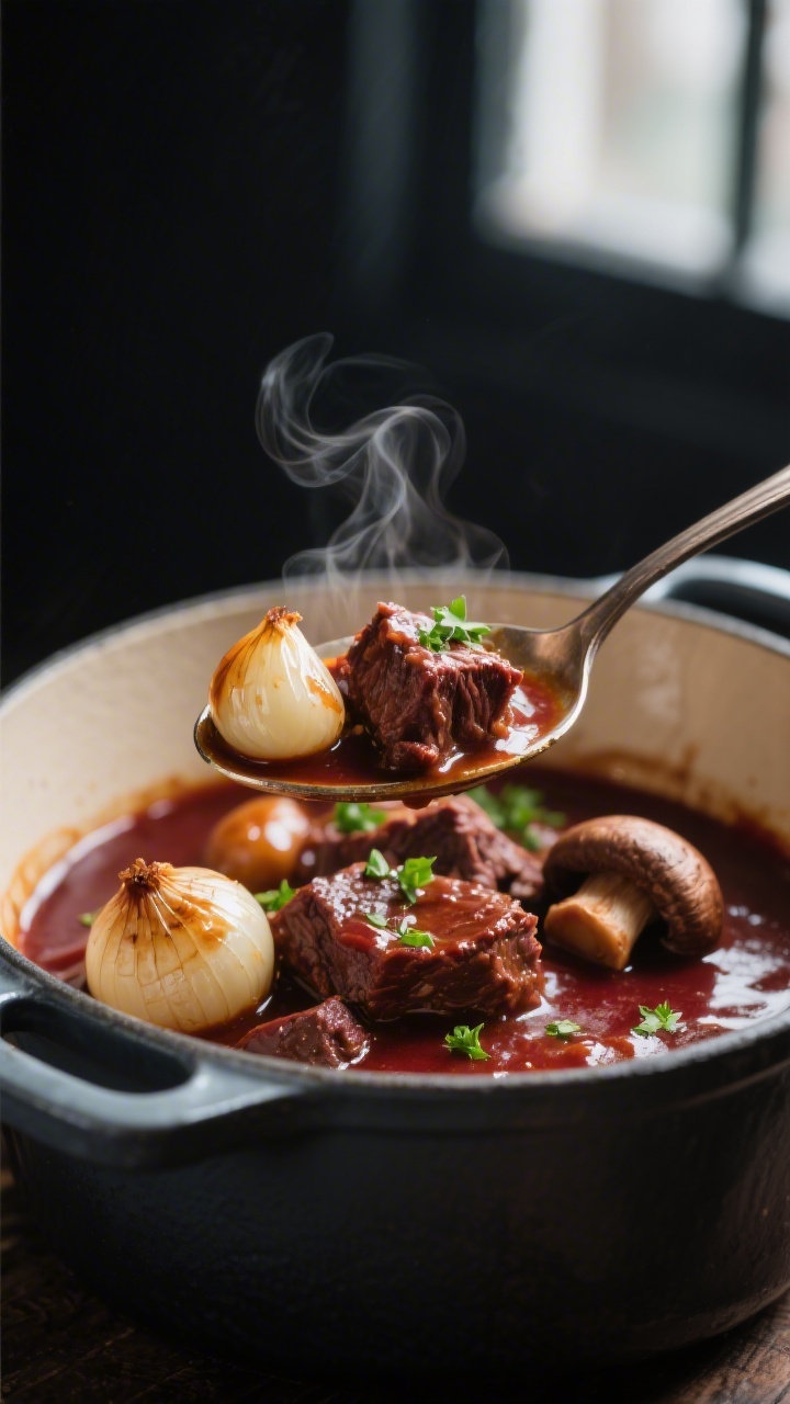 Close-up detail: A glossy spoonful of Beef Bourguignon lifted just above the Dutch oven, showcasing 