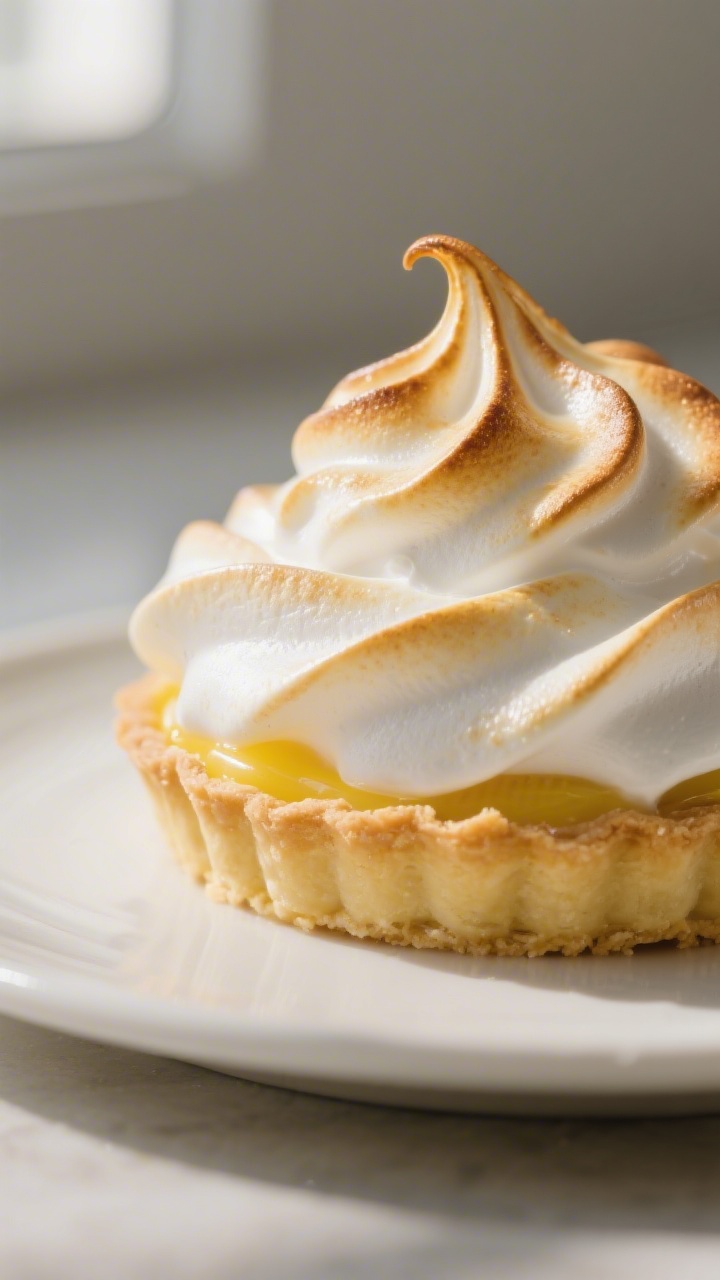 Close-up detail: A glossy swirl of Italian meringue just toasted to golden peaks atop a lemon mering
