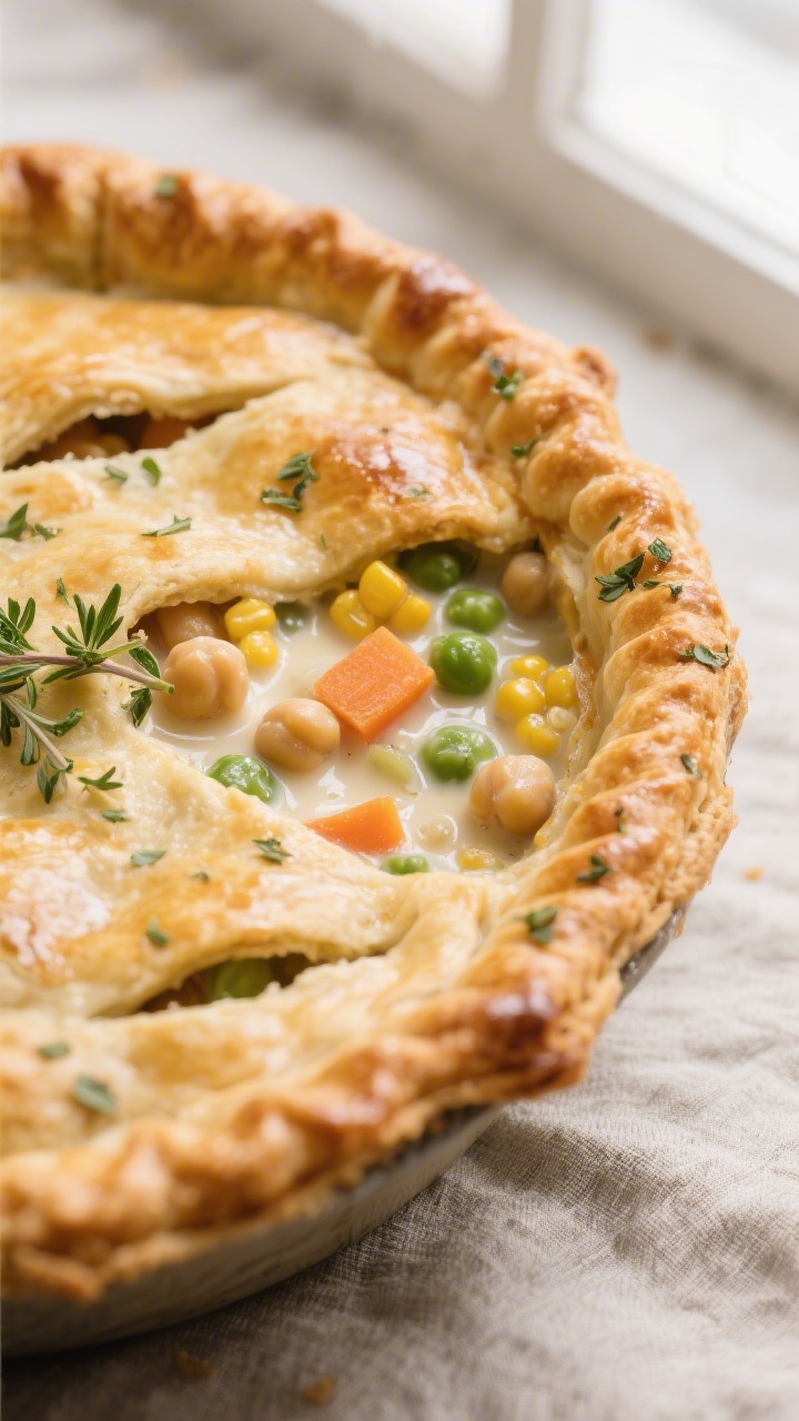 Close-up detail: A golden, flaky herbed crust just out of the oven on a chickpea pot pie, showing cr
