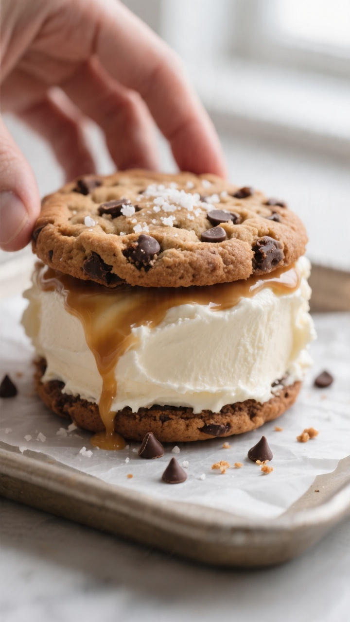 Close-up detail: A just-assembled ice cream cookie sandwich being gently pressed together—soft-bak