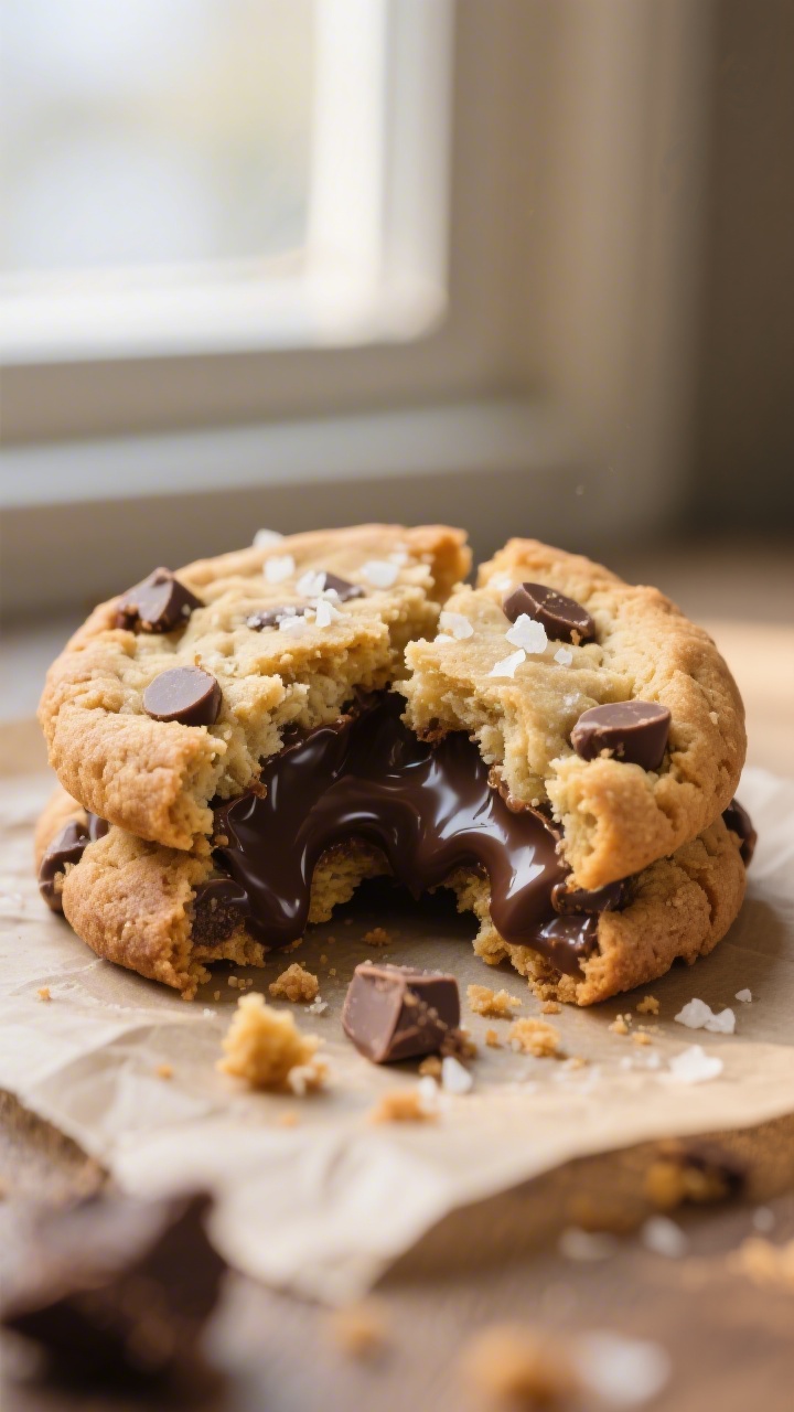 Close-up detail: A just-baked chocolate chip cookie torn in half, showcasing gooey melted semisweet-