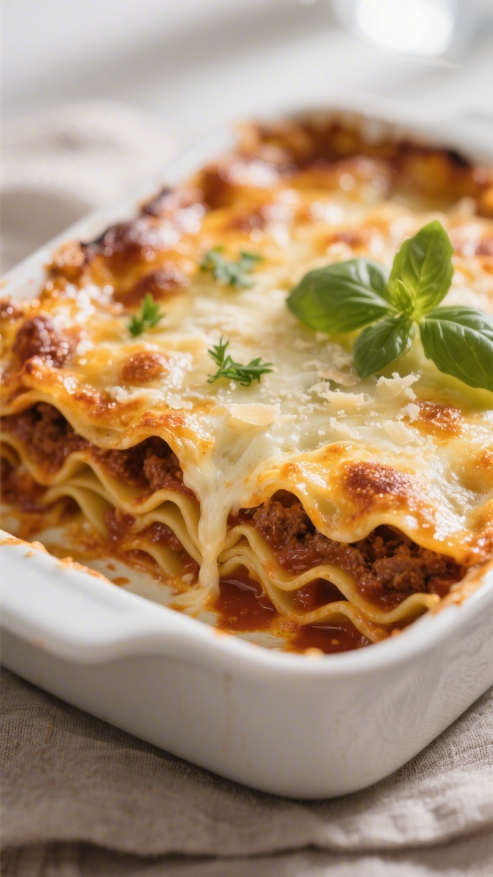 Close-up detail: A just-baked lasagna corner with bubbling mozzarella and Parmesan spotted golden, c