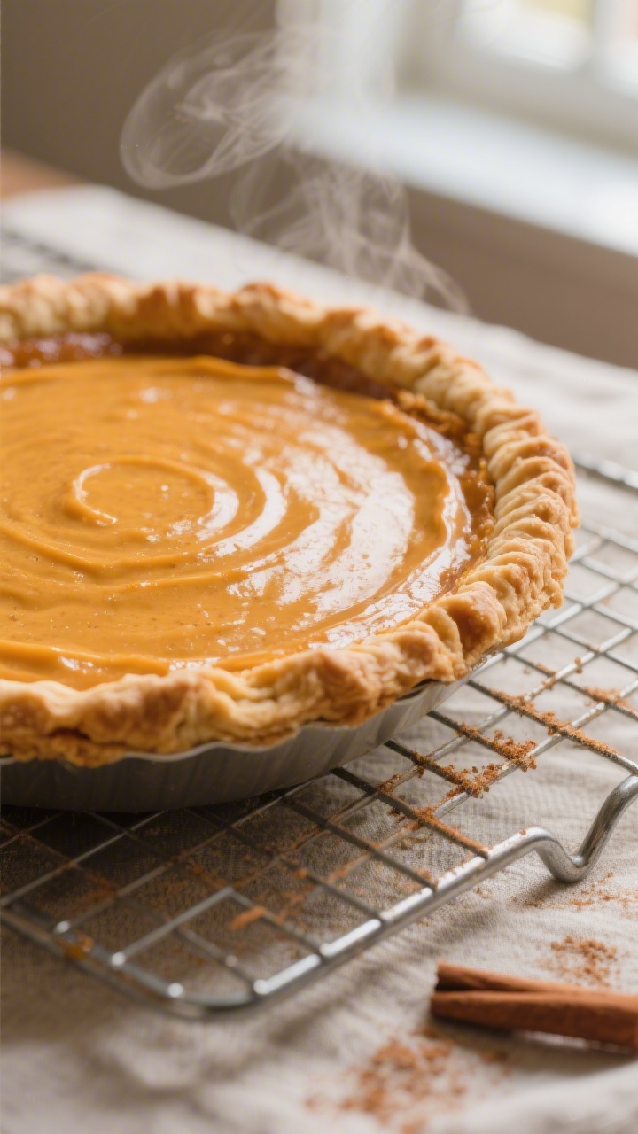 Close-up detail: A just-baked pumpkin pie cooling on a wire rack, silky custard with a slight center