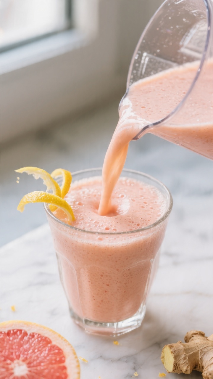 Close-up detail: A just-blended Winter Citrus Smoothie being poured in a silky ribbon from a glass b