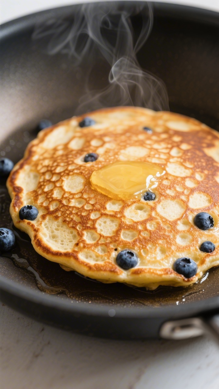 Close-up detail: A just-flipped pancake on a nonstick skillet, golden-brown surface with evenly cara