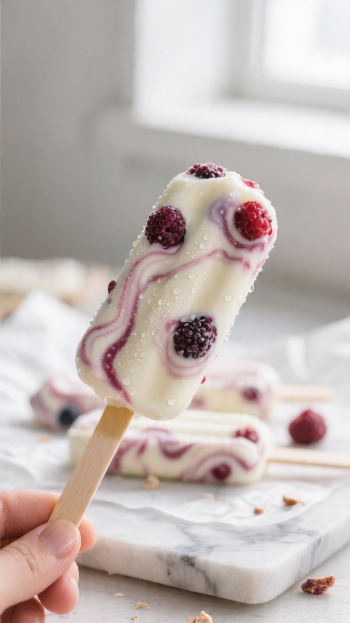 Close-up detail: A just-unmolded Creamy Yogurt Berry Pop held upright on a marble slab (no hands vis