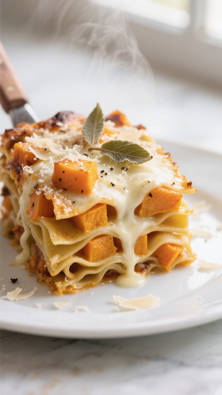 Close-up detail: A molten corner slice of butternut squash lasagna just lifted from the pan, showing