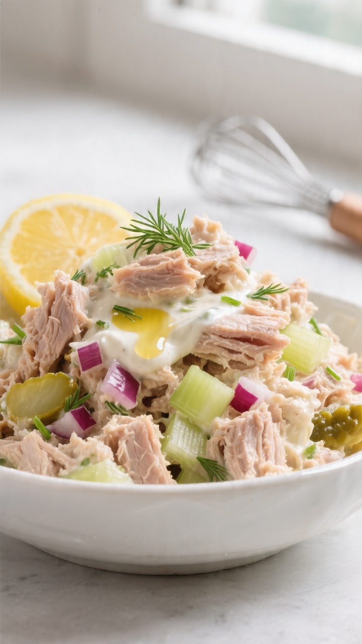 Close-up detail: A mound of creamy, flaky tuna salad mid-mix in a white ceramic bowl, showing distin