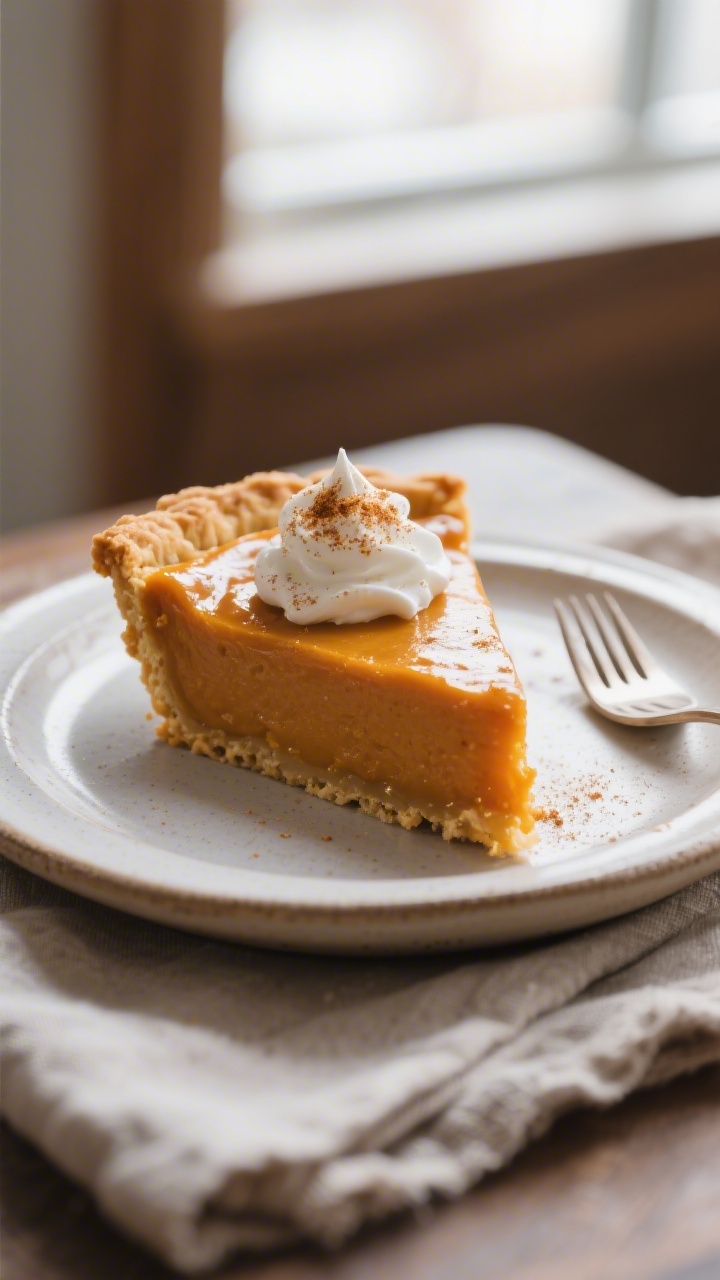 Close-up detail: A perfectly set slice of vegan pumpkin pie on a matte ceramic plate, the custard gl