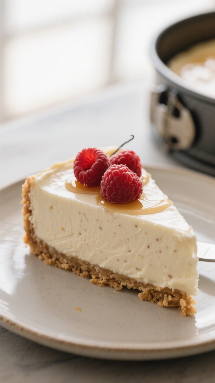 Close-up detail: A silky slice of Classic Vanilla Protein Cheesecake just lifted from a springform p