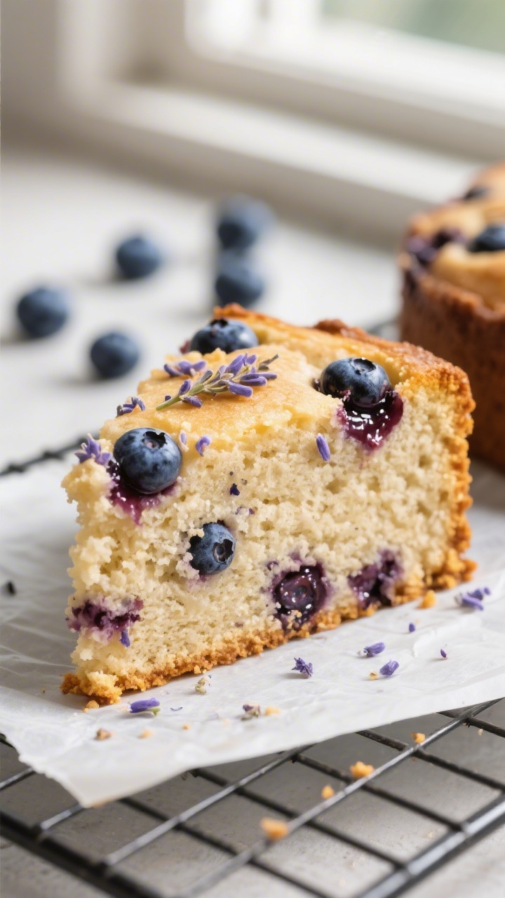 Close-up detail: A slice of baked Blueberry Lavender Cake on a parchment-lined cooling rack, showing
