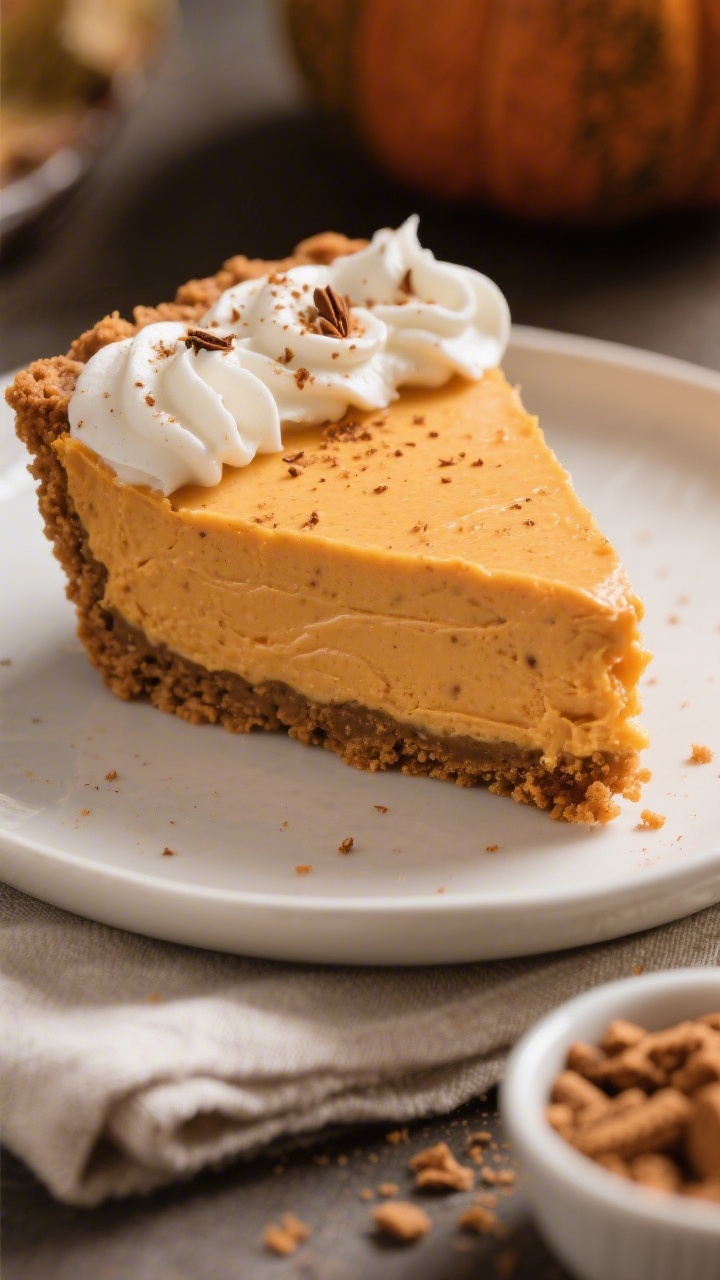 Close-up detail: A slice of no-bake pumpkin pie just lifted from the dish, showing the silky, mousse