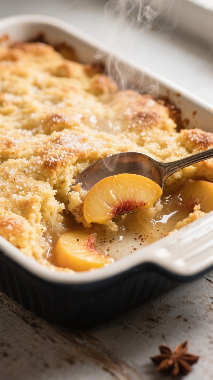 Close-up detail: A spoon breaking into a freshly baked Southern peach cobbler corner, showing golden