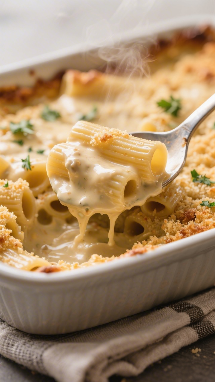 Close-up detail: A spoon scooping ultra-creamy vegan cashew cheese sauce-coated rigatoni from a bubb