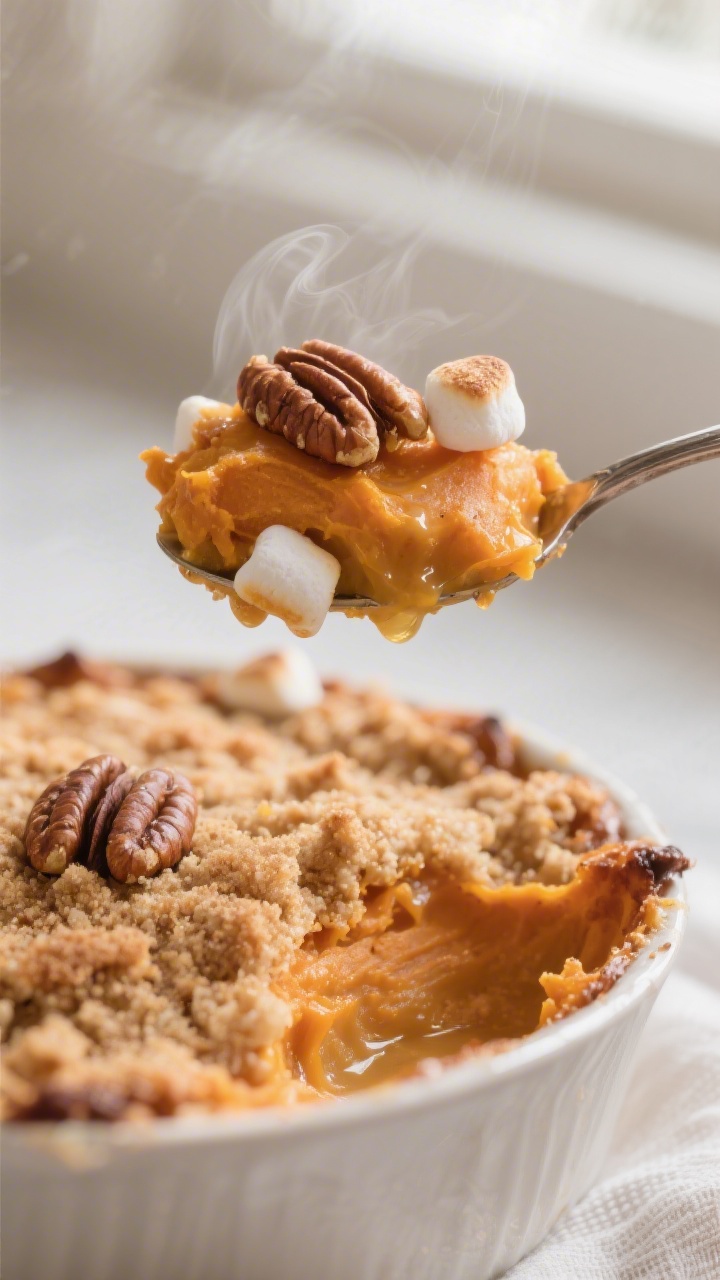 Close-up detail: A spoonful lift of freshly baked sweet potato casserole showing the silky, cinnamon