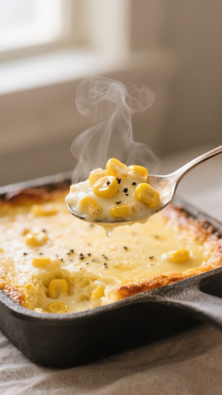 Close-up detail: A spoonful of freshly baked corn pudding lifted from the pan, showcasing the creamy