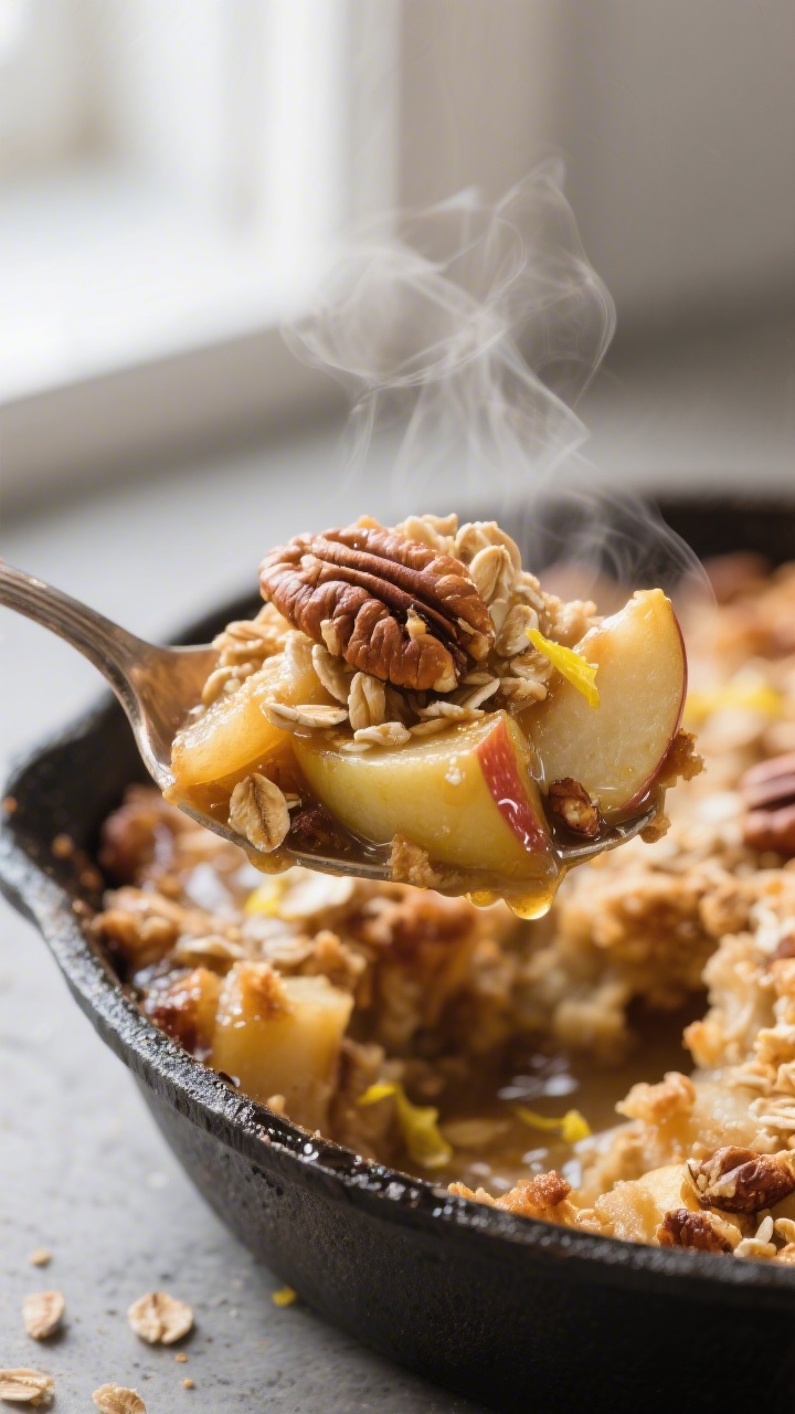 Close-up detail: A spoonful of warm apple crisp just scooped from the pan, showcasing tender golden 