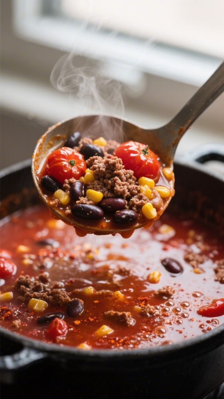 Close-up detail: A steaming ladle lifting taco soup from a Dutch oven mid-simmer, showing glossy fir