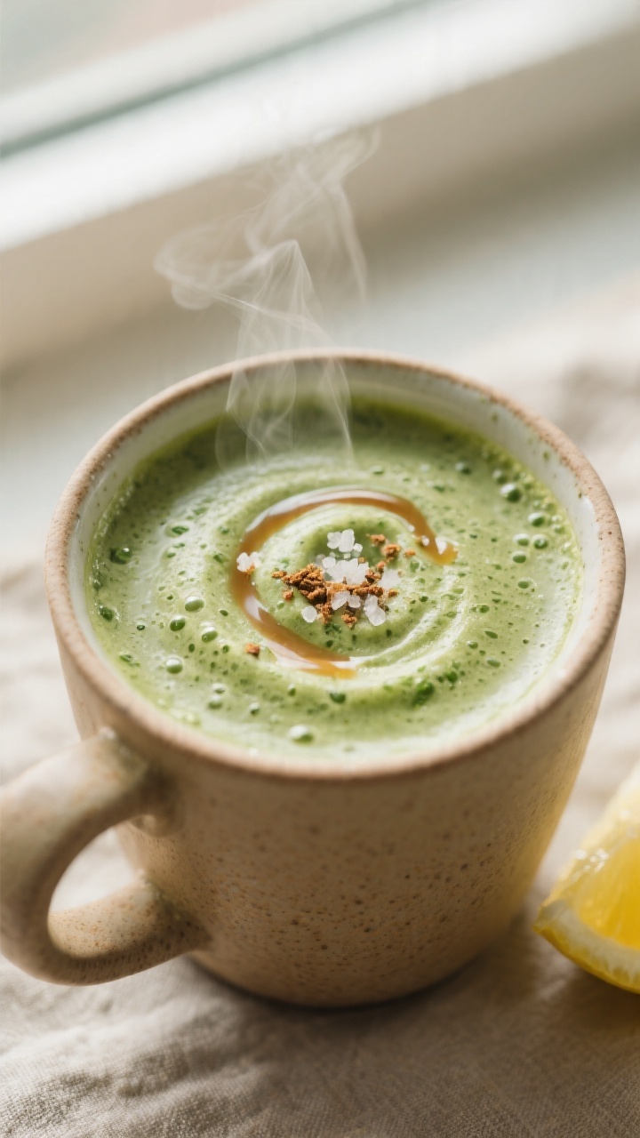 Close-up detail: A steaming mug of Warm Matcha Kale Smoothie just poured, silky and velvety with tin