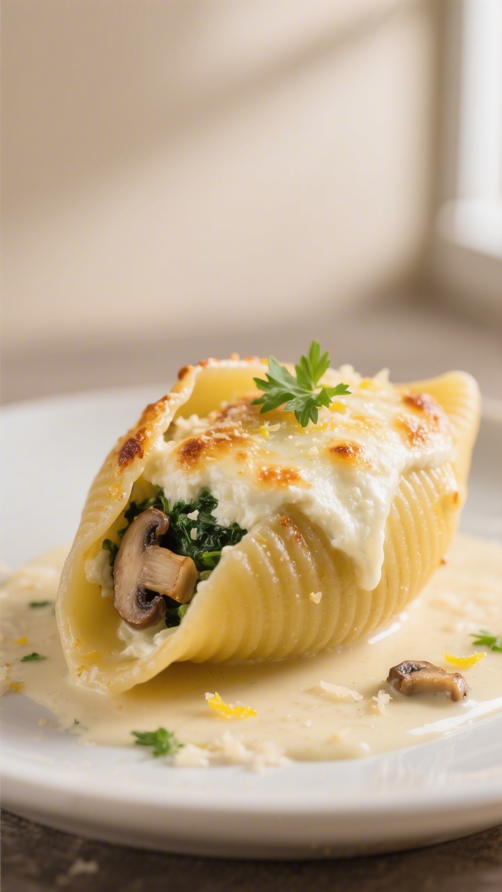 Close-up detail: A stuffed jumbo pasta shell split open to reveal a creamy ricotta-mushroom-spinach