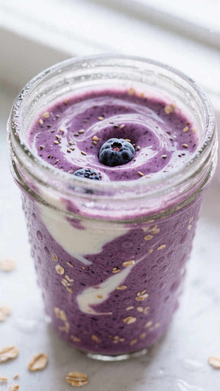 Close-up detail: A thick, creamy oatmeal berry smoothie mid-blend in a glass blender jar, showing si