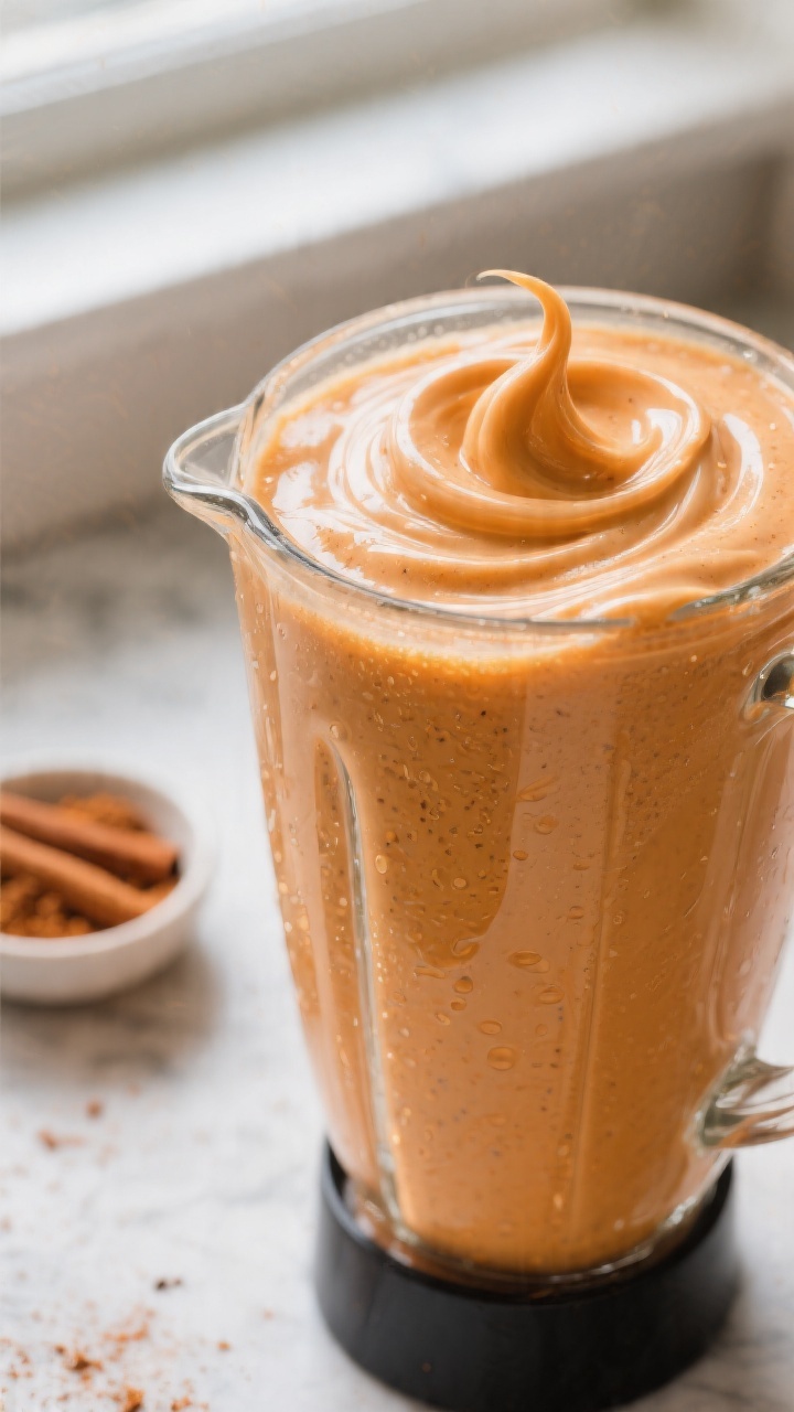 Close-up detail: A thick, creamy Pumpkin Spice Smoothie mid-blend swirling in a high-speed blender j