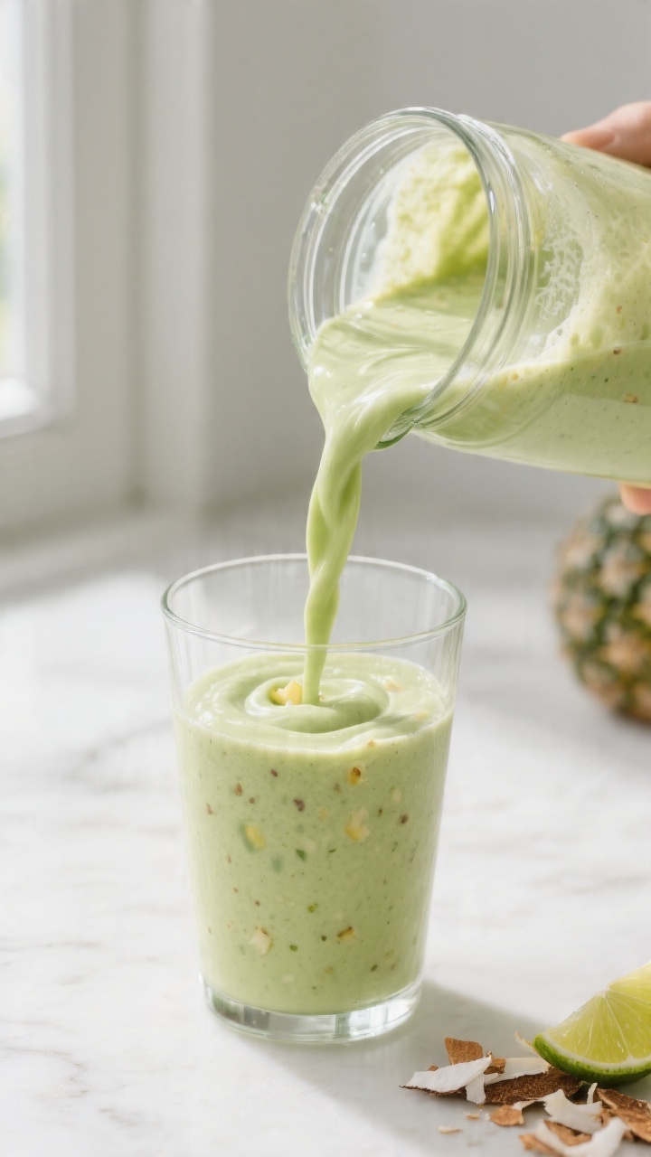Close-up detail: A thick, silky Avocolada Tropical Smoothie mid-blend being poured from a glass blen