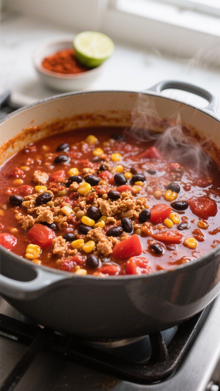 Close-up detail: A thick, simmering vegan chili in a Dutch oven right after the spice bloom, showing