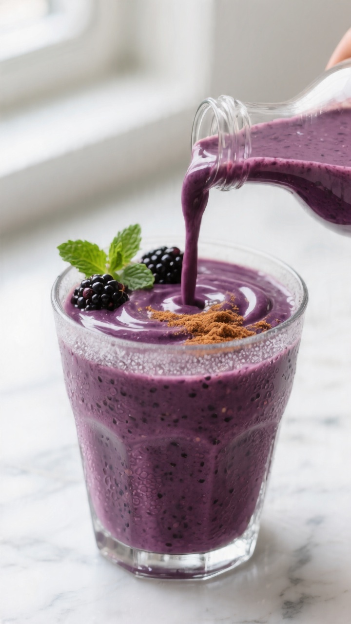 Close-up detail: A thick, velvety blackberry collagen keto smoothie being poured into a chilled clea