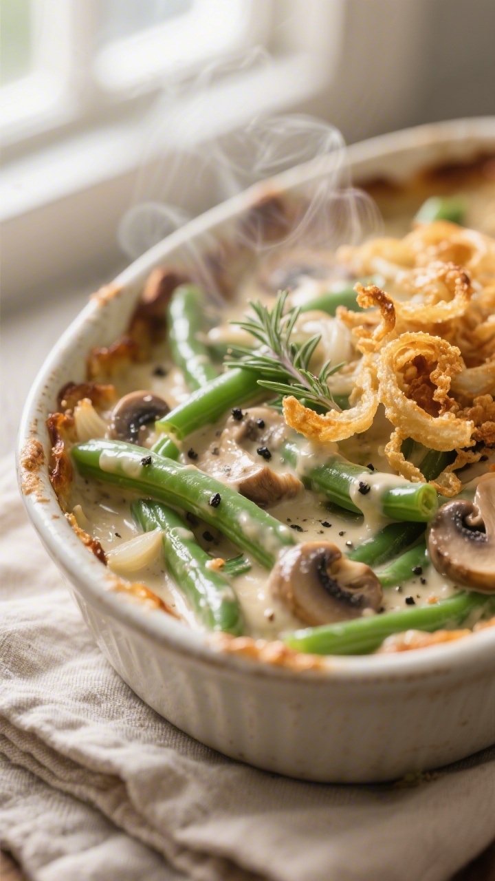 Close-up detail: A tight macro of the vegan green bean casserole just out of the oven, showing tende